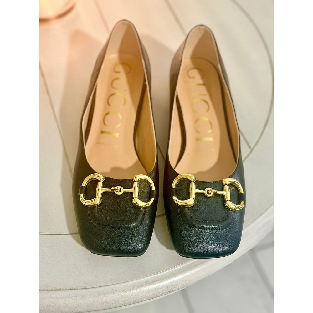 Black Leather Horsebit Square Toe Block Heel Pumps Made in Italy
